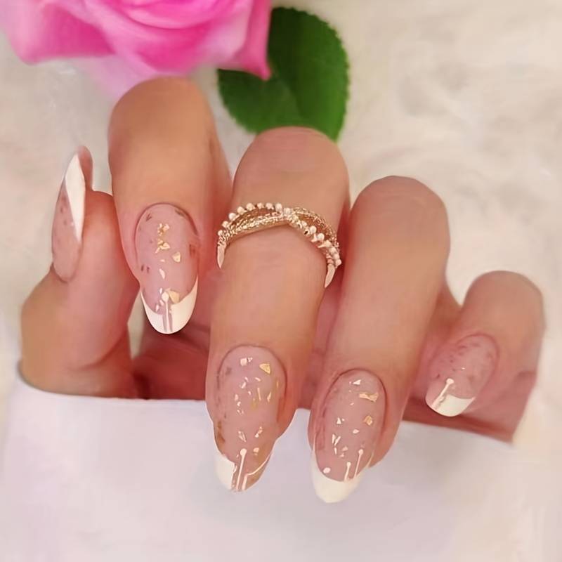 White French Tip Press On Nails Medium Almond Fake Nails Glossy Full Cover  Gold Foil Stick On Nails False Nails For Women Girls - Temu Mexico
